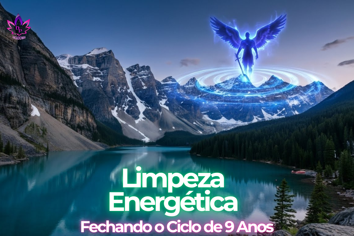 Paisagem das Montanhas Rochosas com silhueta de luz do Arcanjo Miguel realizando uma limpeza energética para o fechamento de ciclo.