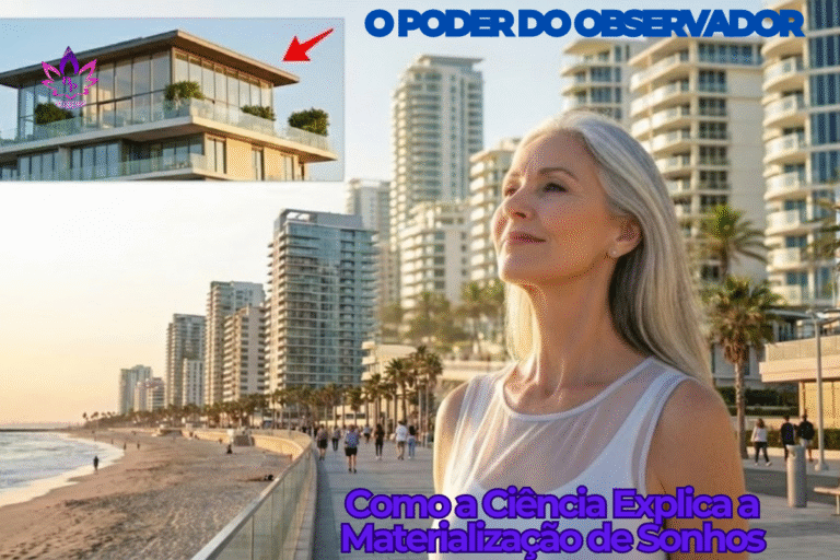 Mulher serena de olhos abertos utilizando o poder do eu sou para materializar um prédio moderno ao fundo.