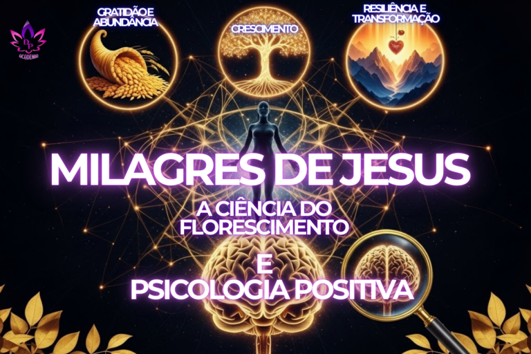 Representação visual da conexão entre os milagres de Jesus e psicologia positiva, mostrando luz, florescimento e geometria sagrada.