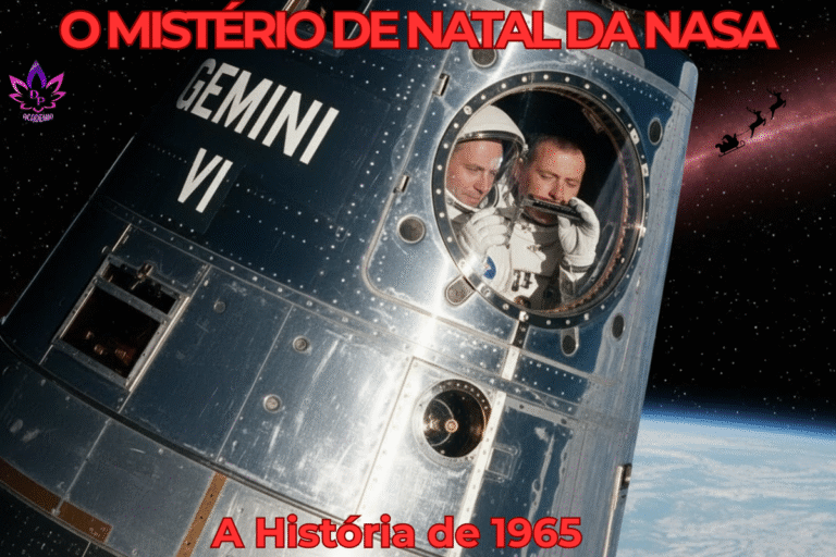 A primeira musica no espaço Ilustração realista da cápsula Gemini 6 orbitando a Terra, com astronautas tocando gaita na janela e um misterioso brilho vermelho ao fundo, representando o mistério de Natal da NASA em 1965.