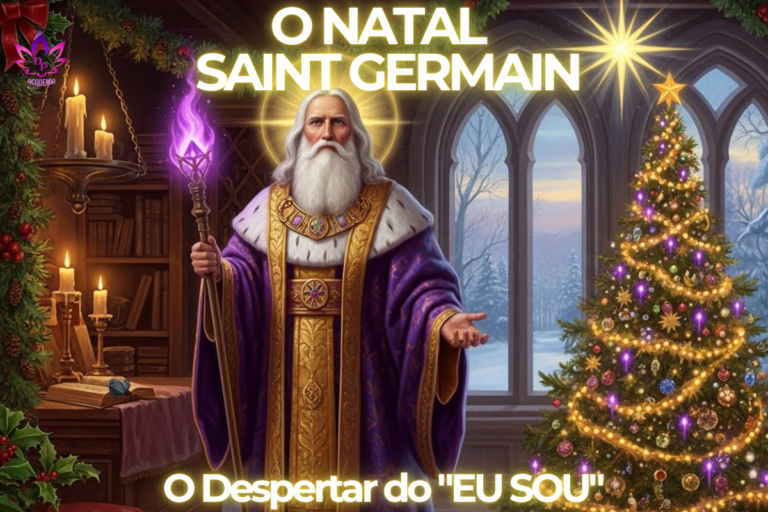 Capa do artigo com ilustração do Mestre Saint Germain em manto violeta ao lado de uma árvore de Natal, com o texto: O Natal Saint Germain - O Despertar do EU SOU.