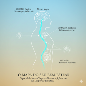 Infográfico mostrando o percurso do nervo vago ligando cérebro, coração e sistema digestivo para explicar a neurocepção.