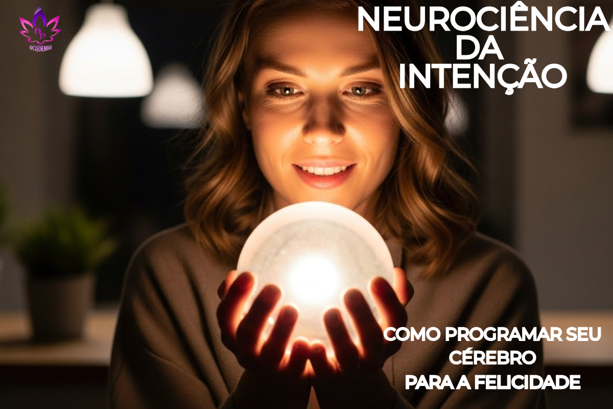 Mulher sorrindo, segurando uma esfera de luz, simbolizando o poder da intenção e a ativação da neurociência da felicidade.