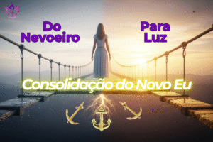 Ilustração de uma mulher atravessando o Portal 12/12, saindo do nevoeiro para a luz dourada. Raízes de luz em forma de âncora saem dos seus pés, simbolizando a Fase de Ancoragem e a neuroplasticidade para consolidar 2026.