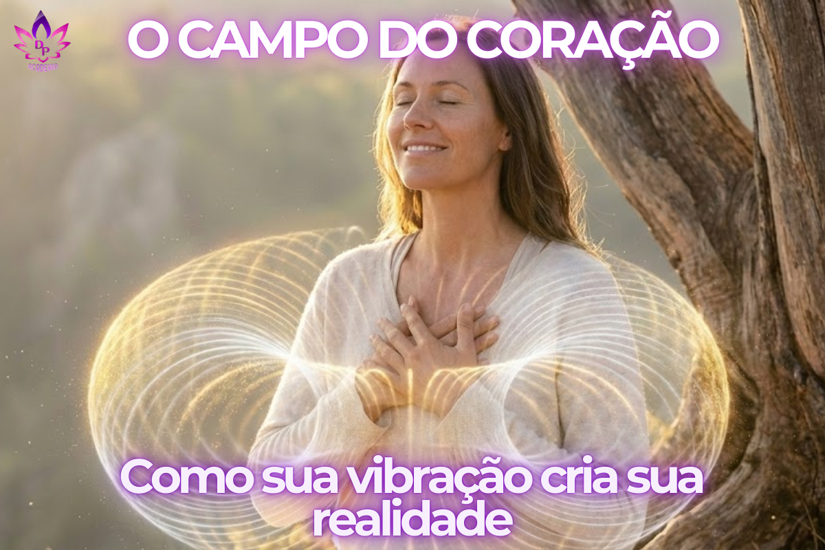 Mulher serena com as mãos no peito irradiando um campo de luz dourada (Torus), representando a frequência vibracional elevada e a coerência cardíaca unindo ciência e espiritualidade.