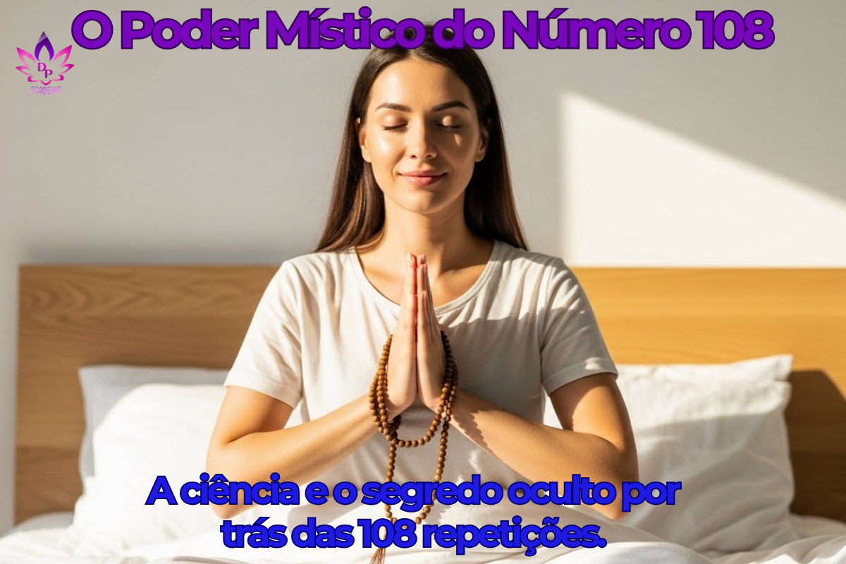 O Número 108 Mulher meditando na cama segurando um Japamala de 108 contas próximo ao coração com luz da manhã