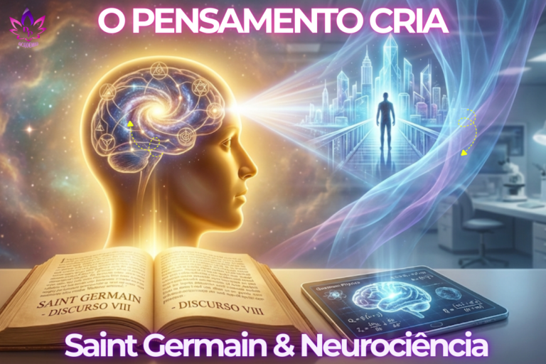 Ilustração representando como o pensamento cria a realidade: uma mente humana iluminada projetando uma cidade futurista, ao lado do Livro de Ouro de Saint Germain aberto e um tablet exibindo dados de neurociência.