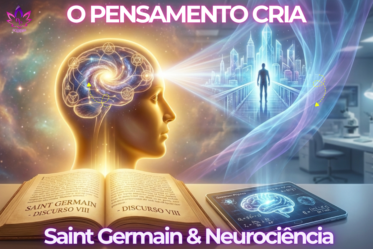 Ilustração representando como o pensamento cria a realidade: uma mente humana iluminada projetando uma cidade futurista, ao lado do Livro de Ouro de Saint Germain aberto e um tablet exibindo dados de neurociência.