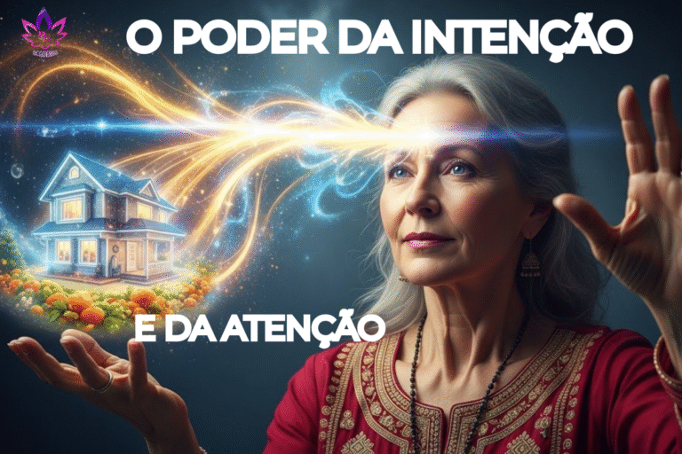 Mulher de cabelos grisalhos visualiza a manifestação da casa dos sonhos, com feixes de luz saindo do terceiro olho e energia quântica envolvendo uma linda casa e jardim. Representa o poder da visualização criativa. Aprendendo como manifestar com a ciência da intenção