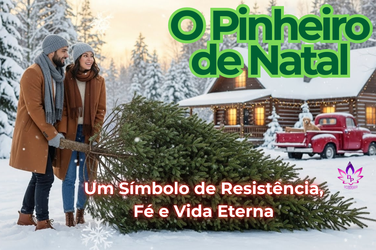 Casal carregando pinheiro de natal verdadeiro em floresta nevada. A imagem simboliza a busca pela vida eterna e o significado da resistência do pinheiro.