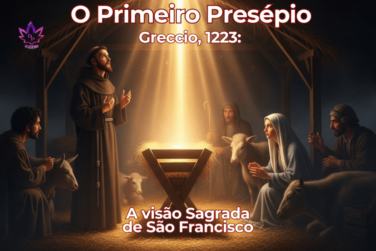Ilustração artística de São Francisco de Assis contemplando a luz divina na manjedoura do primeiro presépio em Greccio.