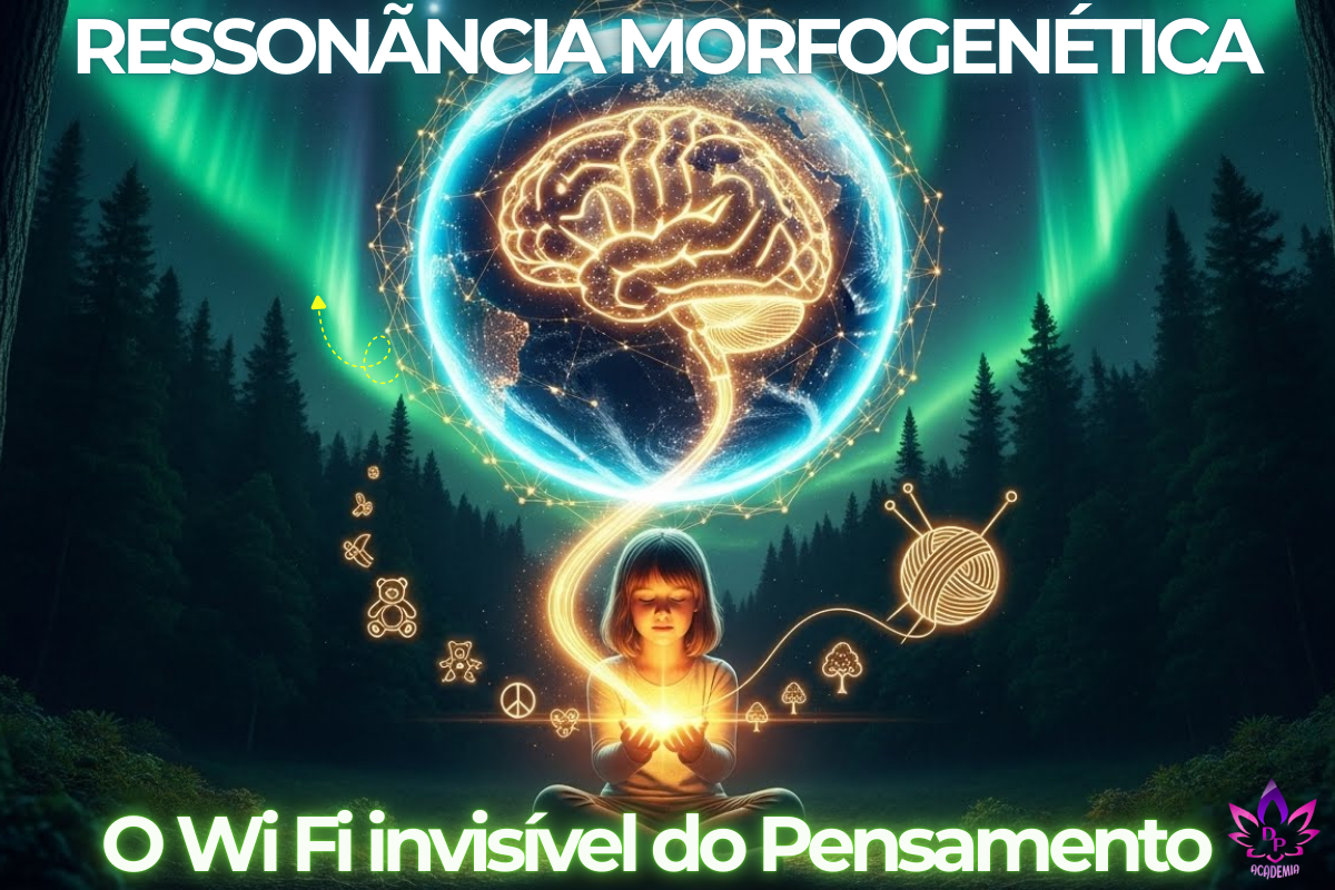 Ilustração conceitual de uma criança conectada a um campo de luz global e um cérebro brilhante, representando a Ressonância Morfogenética e a conexão mental."