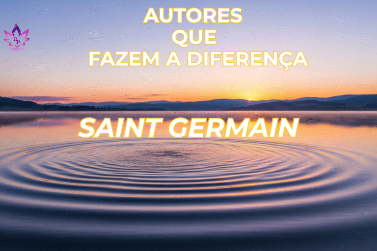 Quem foi Saint Germain Paisagem de pôr do sol sereno sobre águas calmas com ondas circulares, texto sobreposto: 'Autores que Fazem a Diferença: Saint Germain'. Imagem de destaque do blog Descobrindo Poderes sobre a Era de Aquário e Chama Violeta.