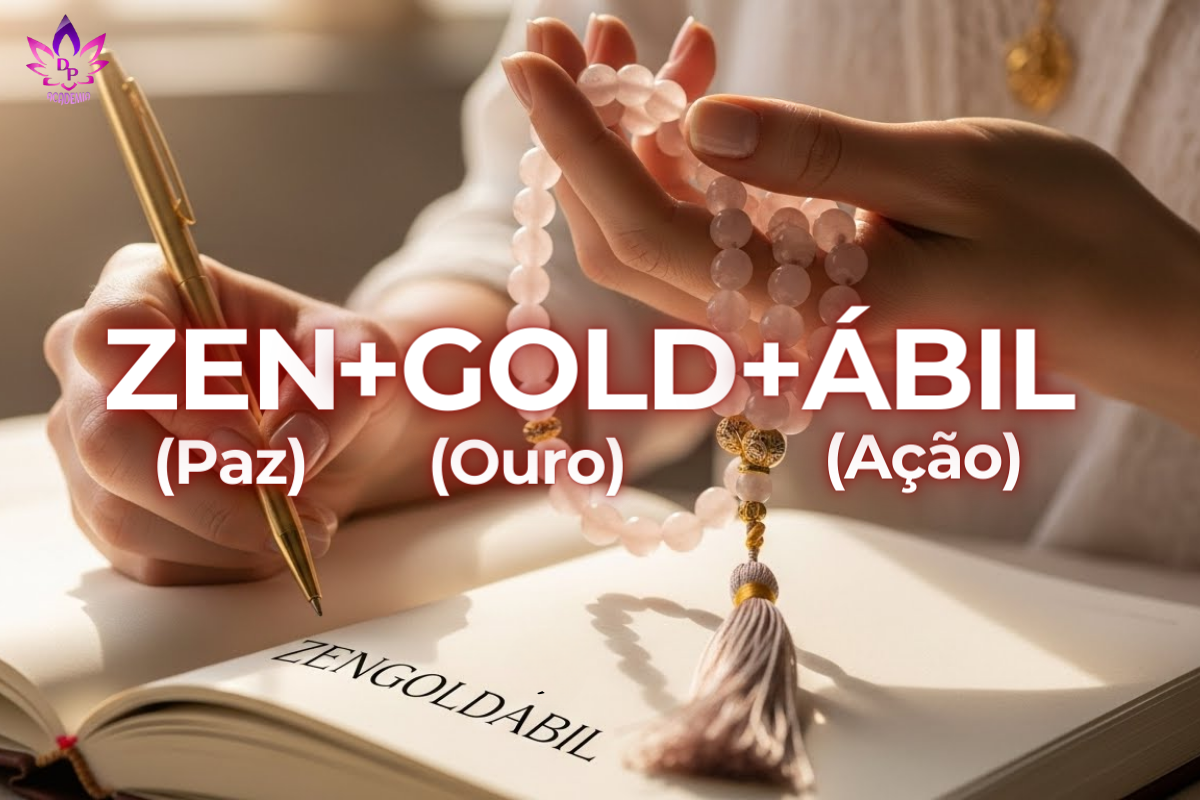 Mãos delicadas segurando japamala de quartzo rosa e escrevendo Zen Gold Ábil no diário. Ritual de prosperidade e mentalização com caneta dourada.