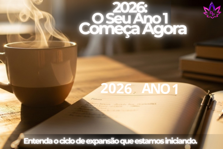Uma xícara de café e um caderno aberto com a escrita 2026 Ano 1, representando o novo ciclo de expansão no Descobrindo Poderes.