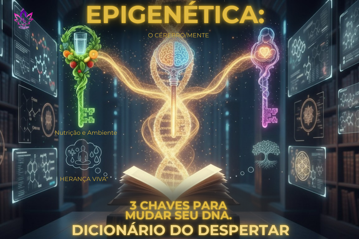 Infográfico sobre epigenética mostrando as 3 chaves de ativação do DNA: pensamentos, ambiente e herança viva.