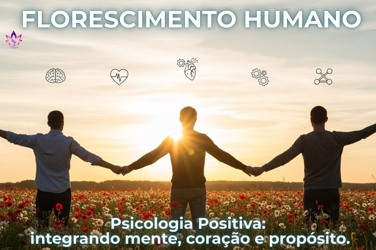 Representação do florescimento humano através dos pilares da psicologia positiva em um cenário de pôr do sol.