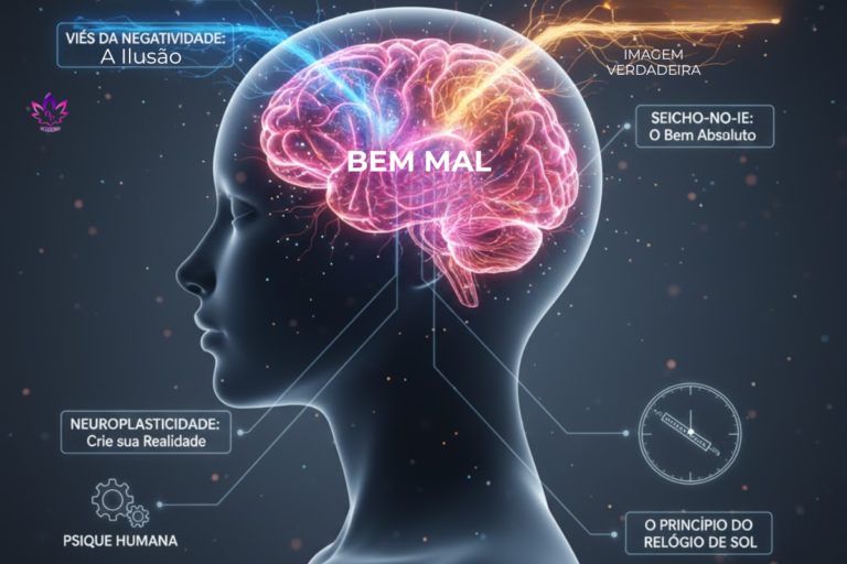 Infográfico fotorealista da psique de uma mulher processando os conceitos de bem ou mal conforme a Seicho-no-ie e a neurociência.