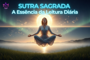 Mulher meditando em estado de levitação sobre as águas durante a Leitura Diária da Sutra Sagrada, com um sol brilhante e aurora ao fundo representando a expansão da consciência.
