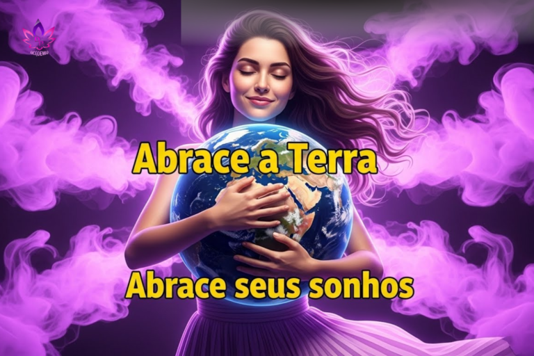 Mulher sorrindo e abraçando o planeta Terra cercada por energia violeta, simbolizando a manifestação de grandes sonhos e propósito de vida.
