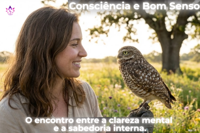 Jovem mulher interagindo com uma coruja branca, simbolizando o despertar da consciência, o bom senso e a sabedoria na jornada de autoconhecimento.