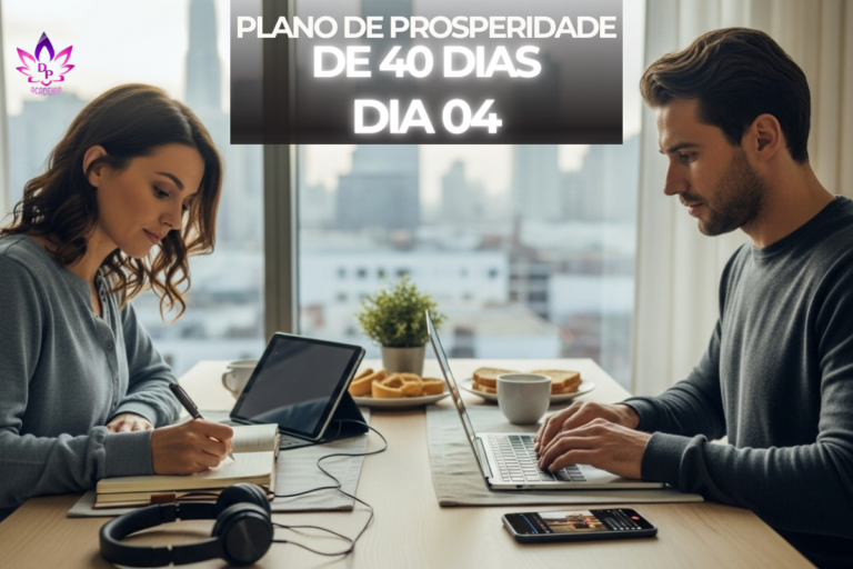 Mulher sorrindo e escrevendo em um diário com um cristal ao lado, representando a prática do Plano de Prosperidade dia 04 e a consciência do Ser Verdadeiro.