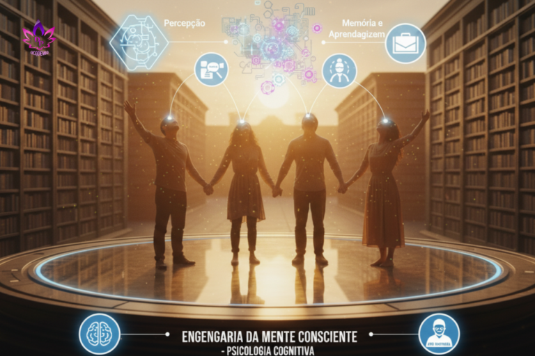 Representação visual da psicologia cognitiva com ícones de engrenagens mentais e pessoas celebrando a clareza mental ao pôr do sol.