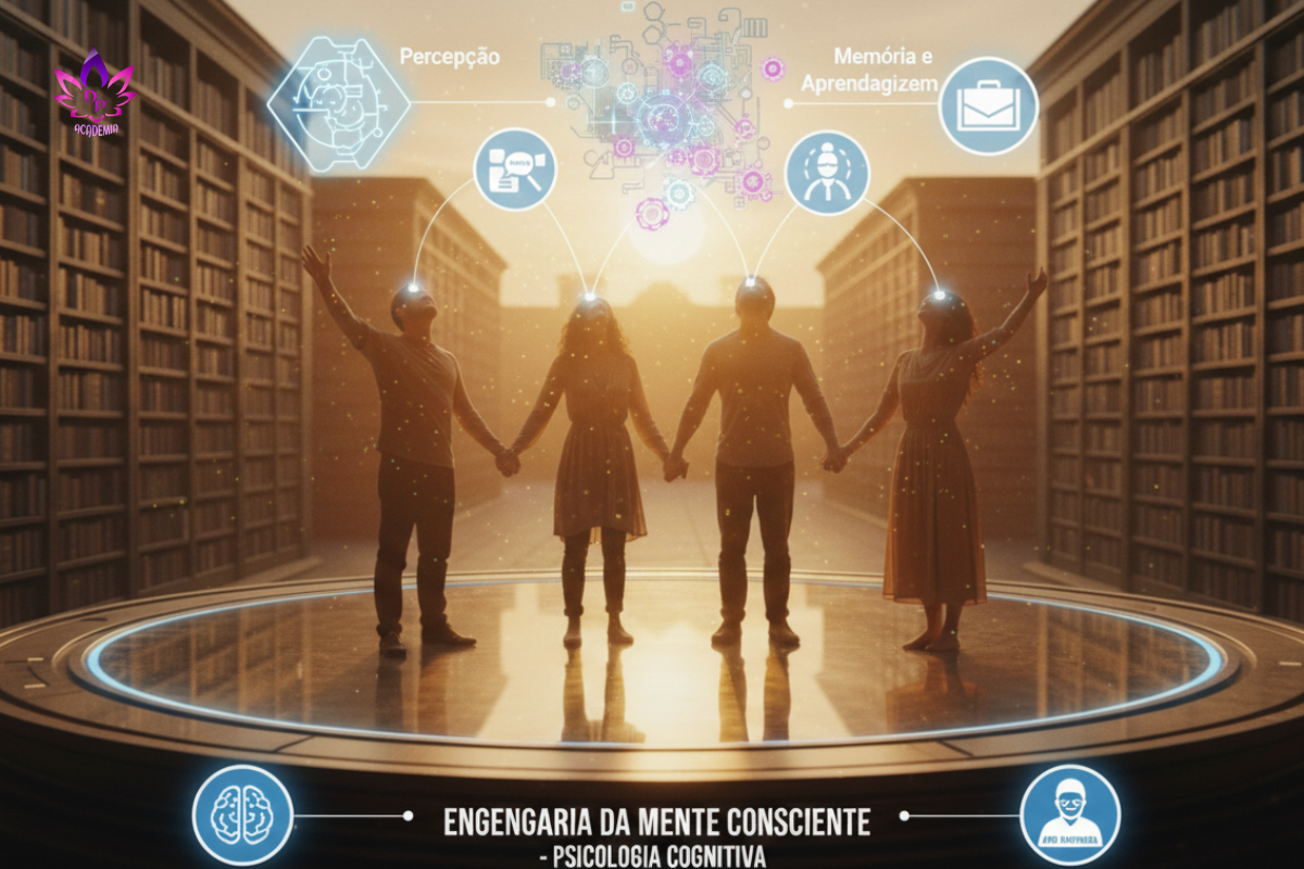 Representação visual da psicologia cognitiva com ícones de engrenagens mentais e pessoas celebrando a clareza mental ao pôr do sol.