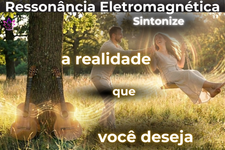 Casal em um balanço ao pôr do sol com violões ilustrando a Ressonância Eletromagnética e o ajuste de frequência vibracional.