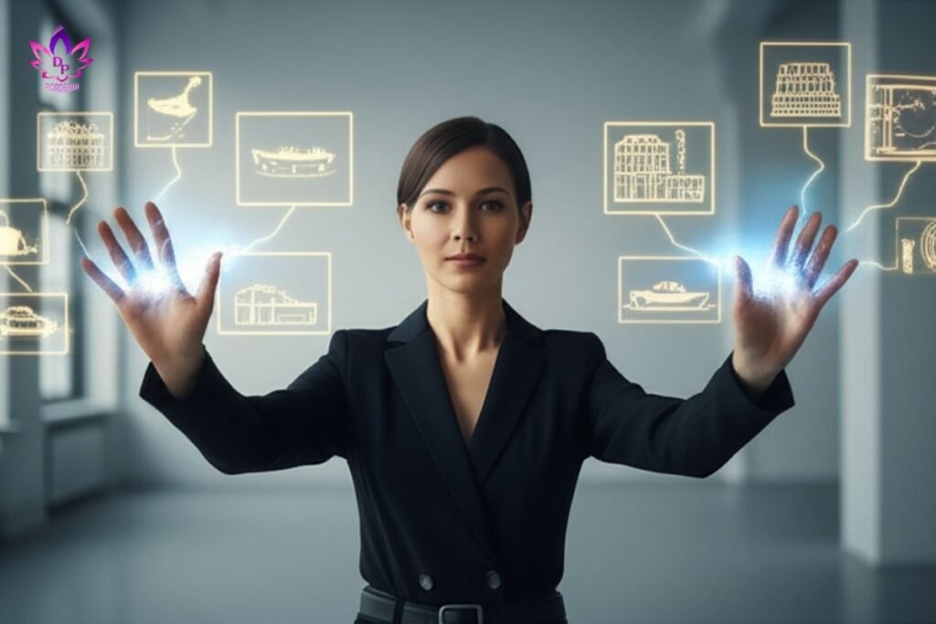 Mulher de blazer manifestando desejos em telas holográficas - Imagem de introdução ao Treinamento Prático dos 22 Processos Abraham Hicks.