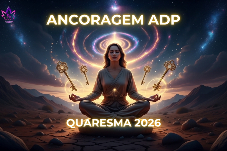 Ancoragem ADP Quaresma 2026. Personagem em meditação no deserto com chaves douradas e espiral de luz na Academia Descobrindo Poderes.