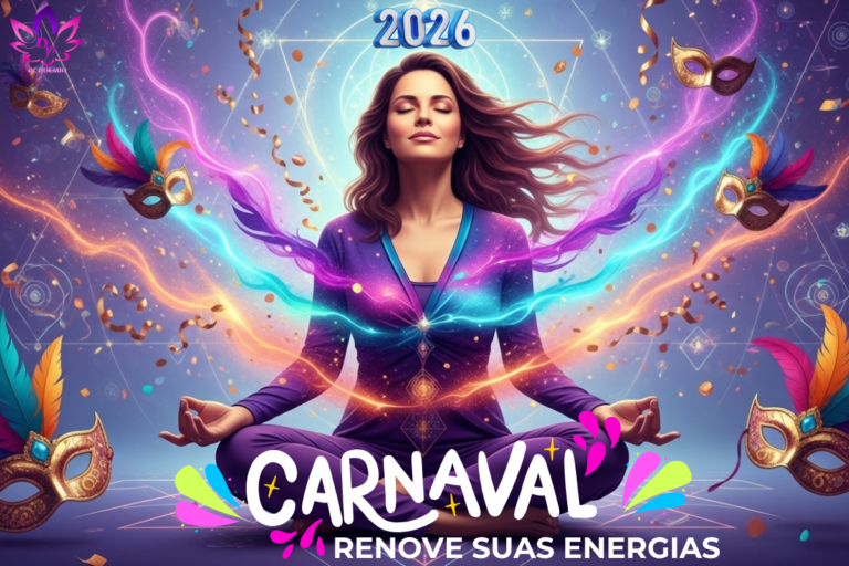 Mulher em meditação cercada por elementos de Carnaval e frequências vibracionais para renovar energias.
