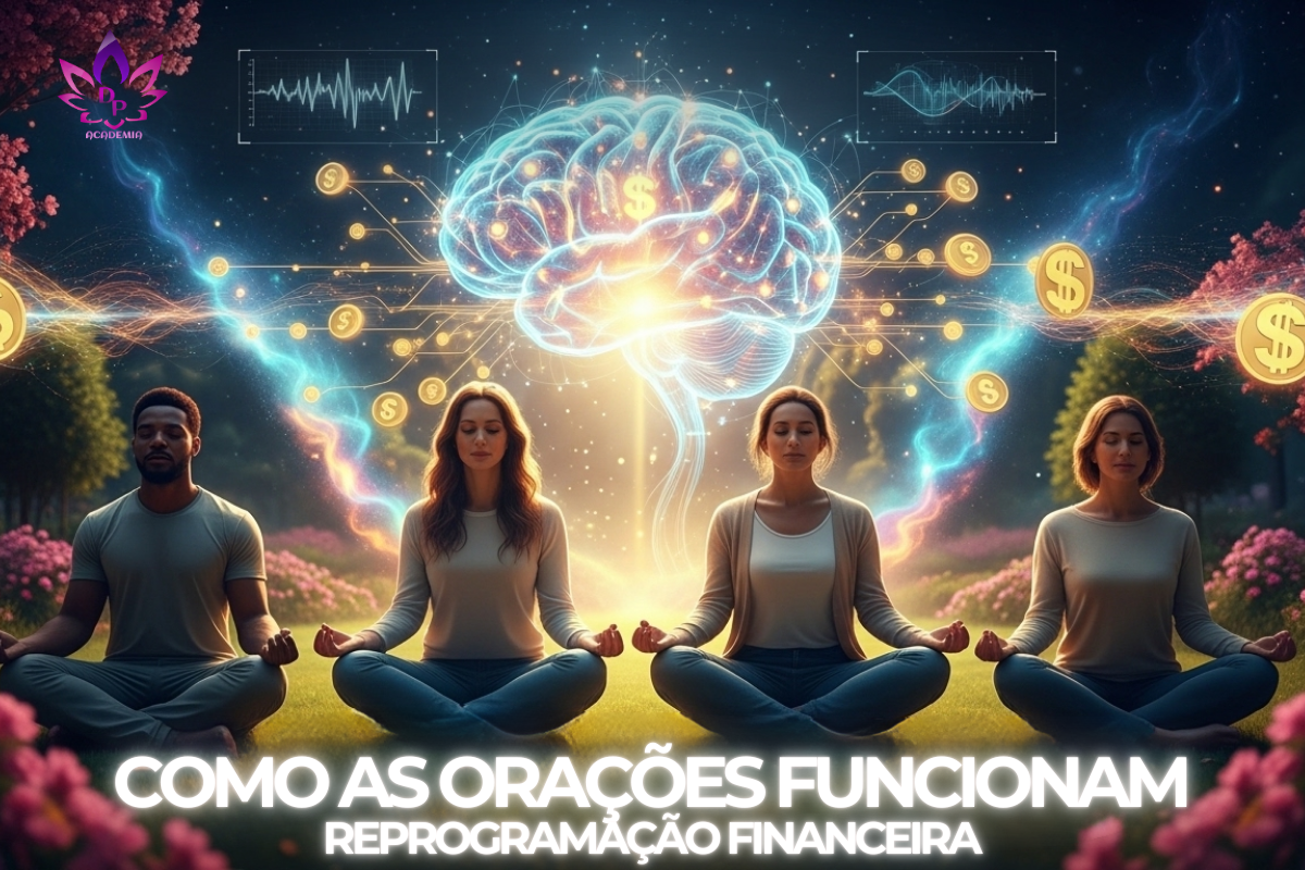 Infográfico mostrando como as orações funcionam no cérebro humano para atrair prosperidade e pagar dívidas.