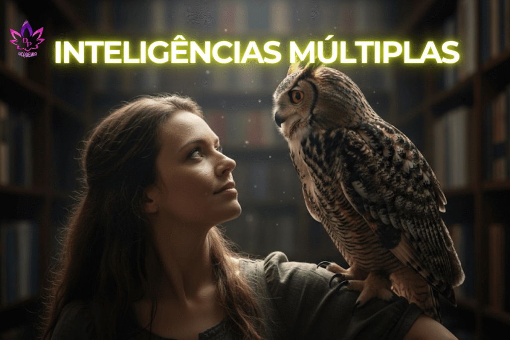 Imagem conceito da série Inteligências Múltiplas, mostrando uma mulher interagindo com uma coruja, que simboliza a sabedoria, em uma biblioteca.