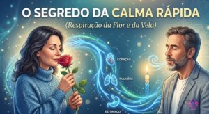 Ilustração de um homem e uma mulher praticando a respiração da flor e da vela para ativar o Nervo Vago, a superestrada da calma que conecta o coração, os pulmões e o estômago.