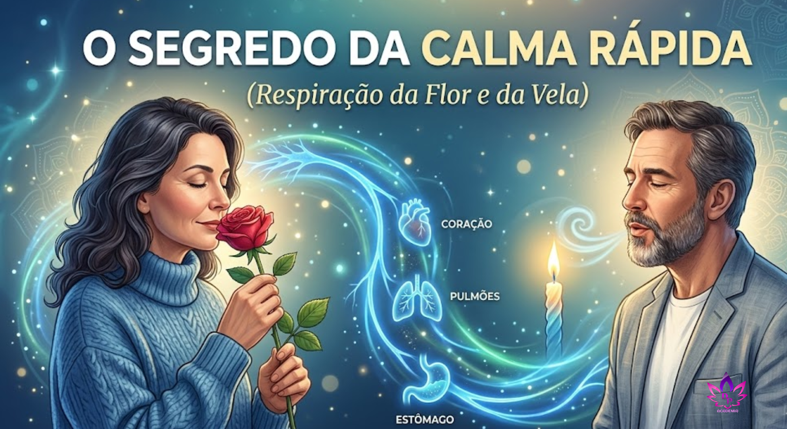 Ilustração de um homem e uma mulher praticando a respiração da flor e da vela para ativar o Nervo Vago, a superestrada da calma que conecta o coração, os pulmões e o estômago.