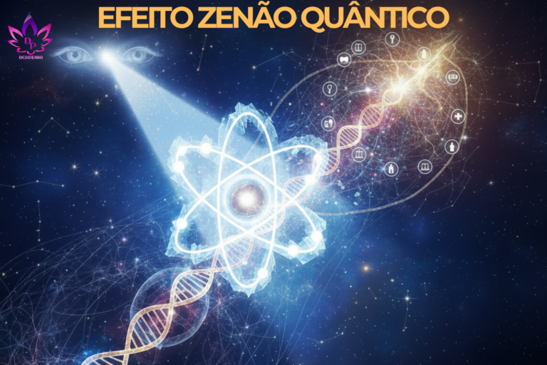 Ilustração conceitual do Efeito Zenão Quântico mostrando a observação consciente paralisando um átomo e influenciando a hélice do DNA e campos vibracionais.