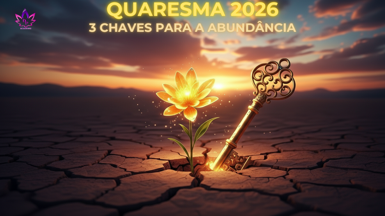Uma flor de lótus luminosa e uma chave dourada ornamental brotam de um solo de deserto seco e rachado sob um céu de amanhecer etéreo, representando a Ancoragem ADP Quaresma 2026 e a expansão da abundância na Academia Descobrindo Poderes.