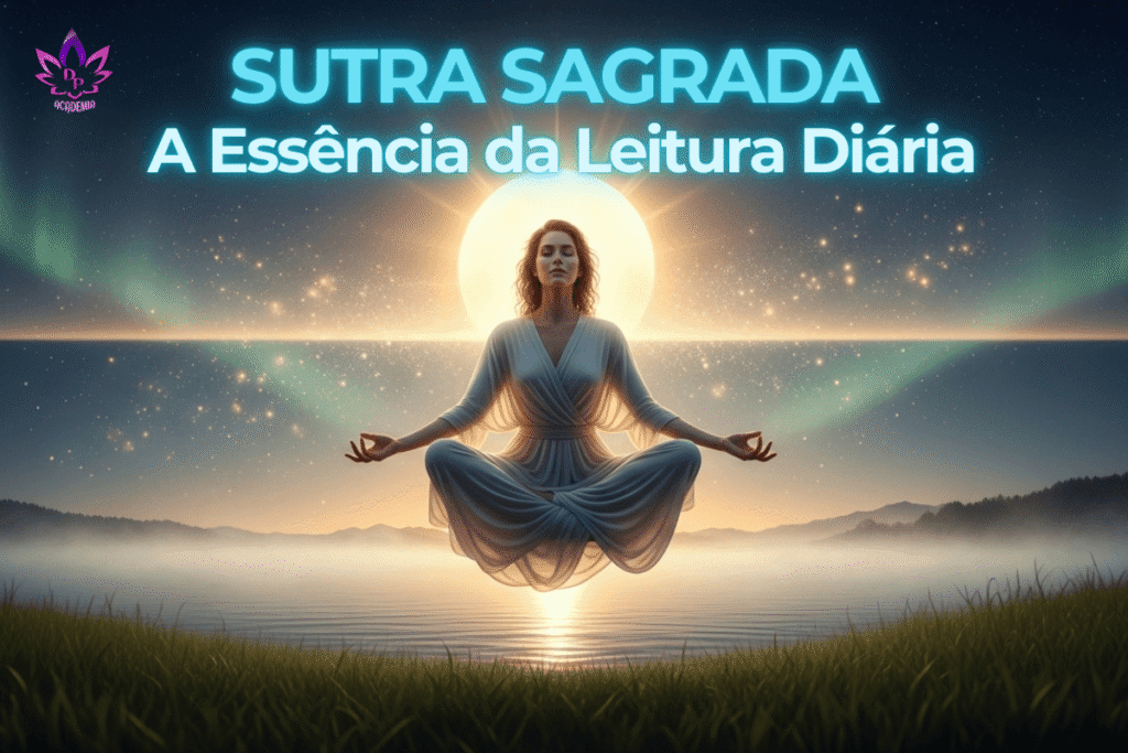 Mulher meditando em estado de levitação sobre as águas durante a Leitura Diária da Sutra Sagrada, com um sol brilhante e aurora ao fundo representando a expansão da consciência.