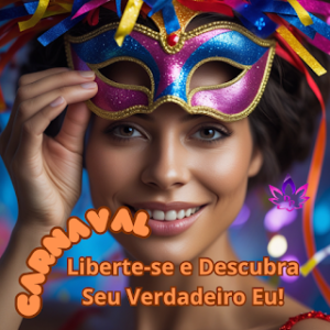 Mulher sorridente retirando uma máscara de Carnaval colorida para representar como renovar energias e descobrir o verdadeiro eu.