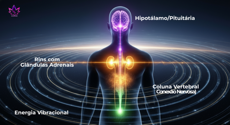 Representação do Eixo HPA conectando Hipotálamo, Pituitária e Adrenais à Frequência Vibracional.