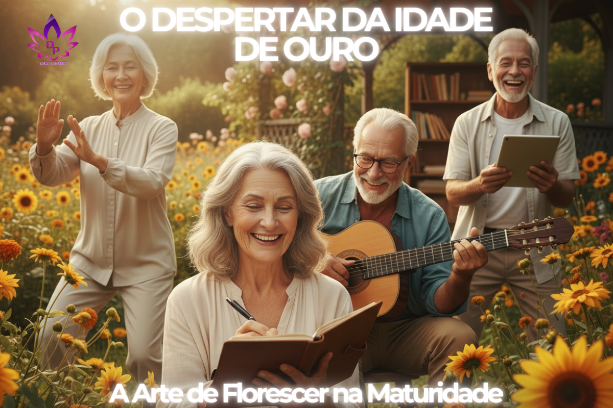 Grupo de pessoas na maturidade sorrindo e praticando atividades ao ar livre, representando a vitalidade e o florescer na terceira idade.