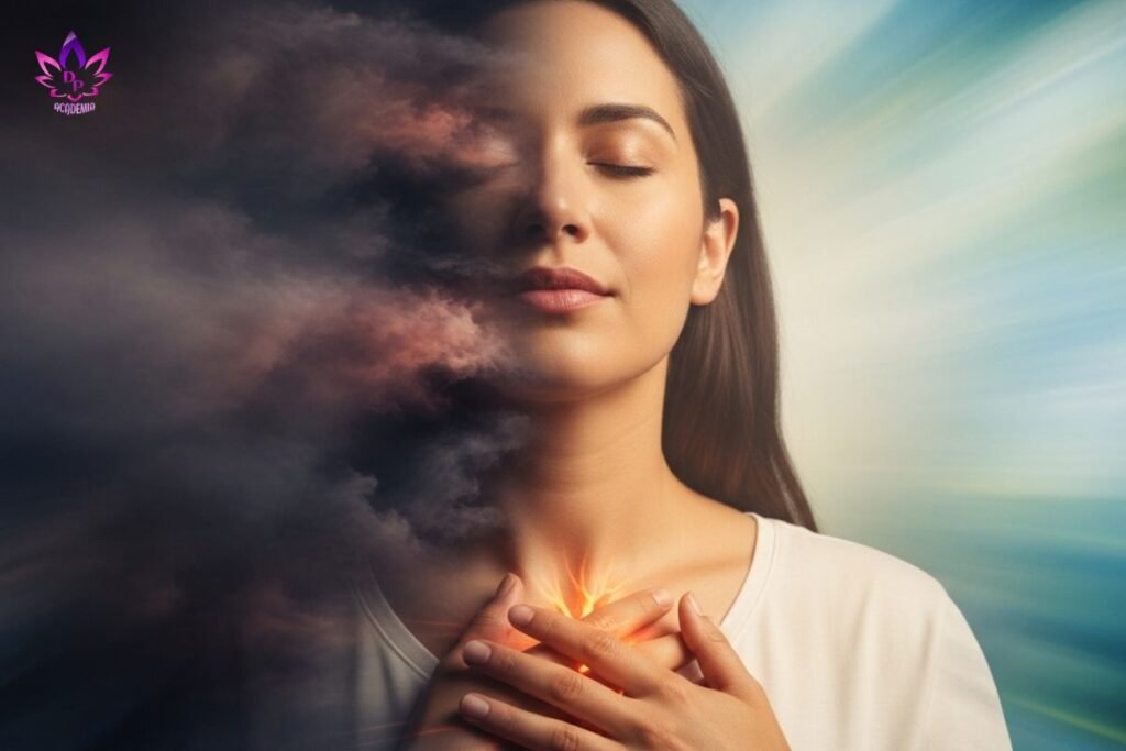 Mulher aprendendo como acalmar uma crise de ansiedade durante a Pausa Sagrada #01, usando a respiração para encontrar a paz.