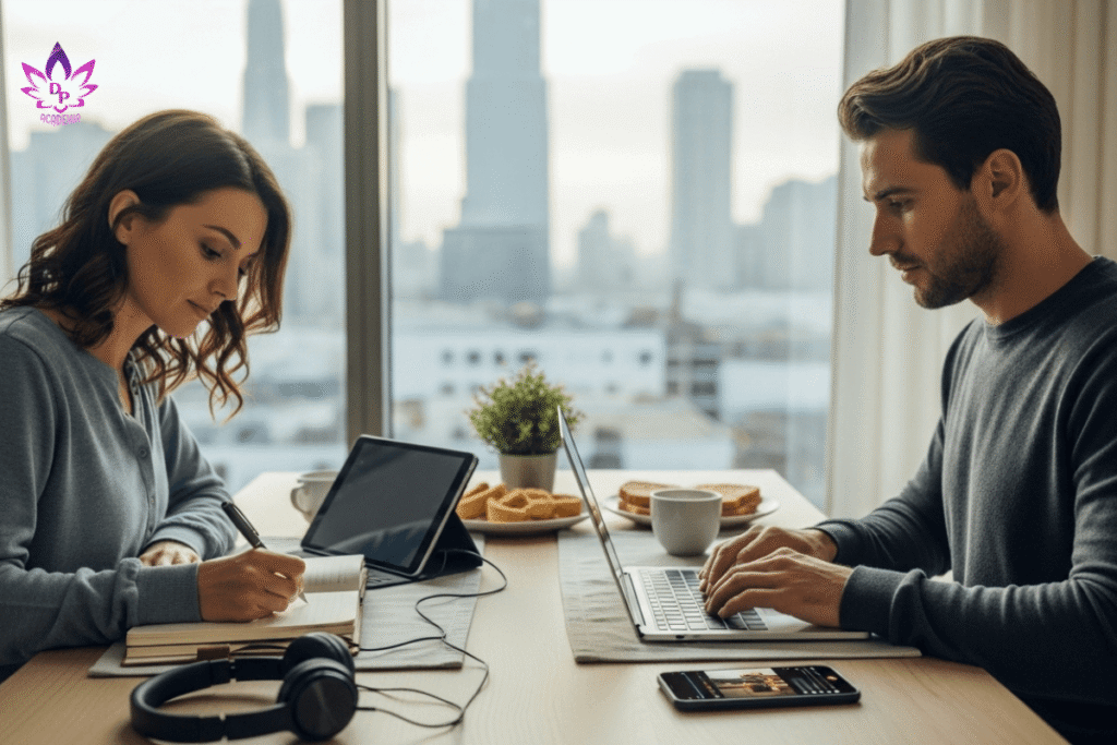 Casal em apartamento urbano praticando o Plano de Prosperidade de 40 Dias pela manhã, escrevendo e usando notebook.