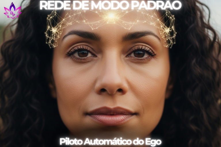 Rosto de mulher em estado de presença com luzes neurais representando a Rede de Modo Padrão e o despertar da consciência.