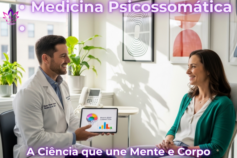 Médico em consultório moderno mostrando tablet com gráfico da conexão mente-corpo para paciente sorridente; representação de medicina psicossomática.