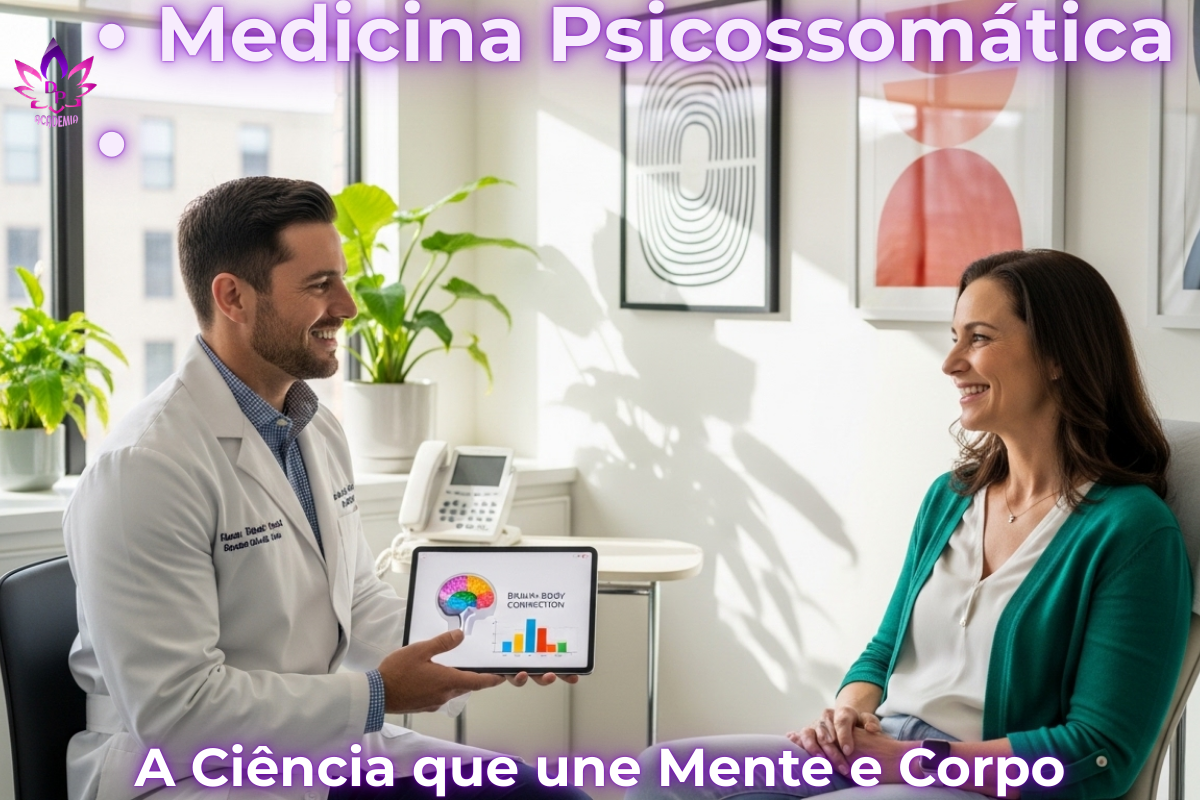 Médico em consultório moderno mostrando tablet com gráfico da conexão mente-corpo para paciente sorridente; representação de medicina psicossomática.