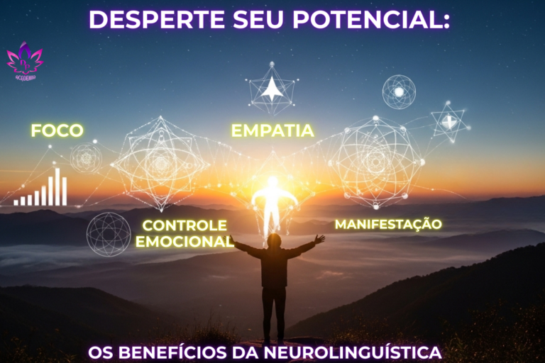 Homem no topo de uma montanha visualizando os benefícios da neurolinguística como foco, empatia e manifestação sob um nascer do sol.