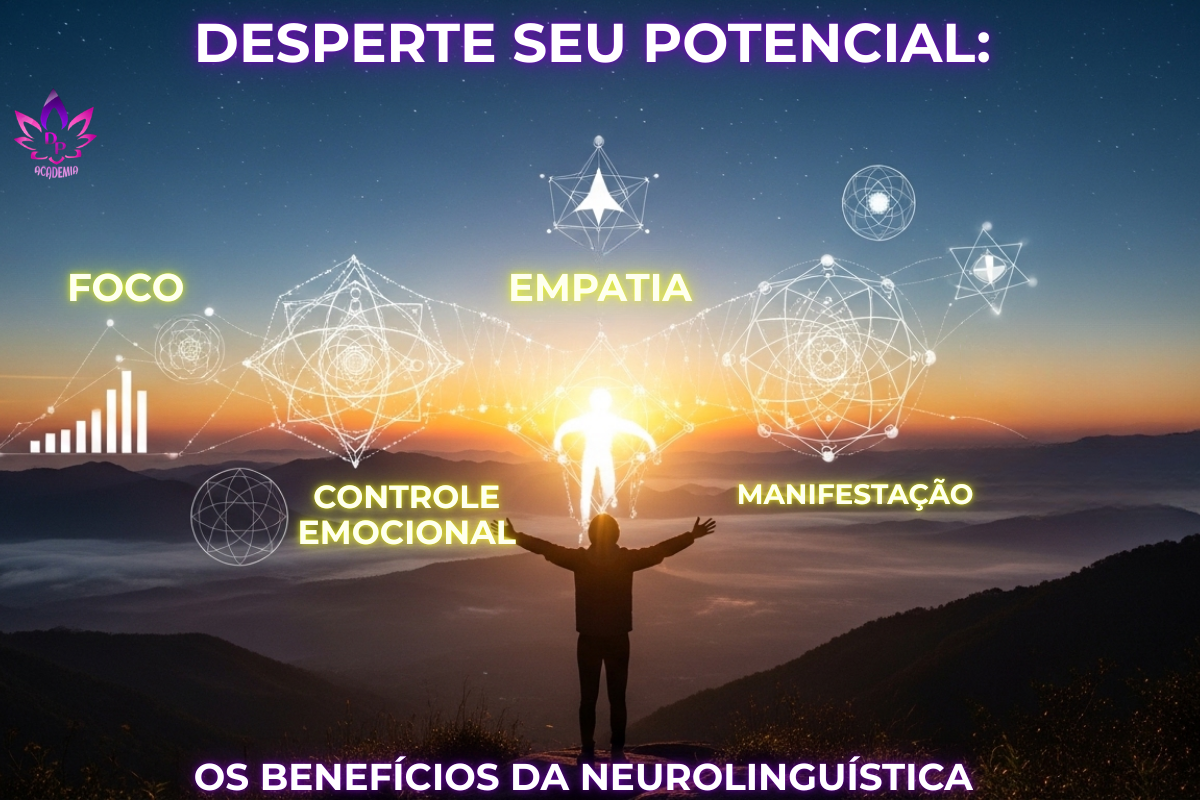 Homem no topo de uma montanha visualizando os benefícios da neurolinguística como foco, empatia e manifestação sob um nascer do sol.