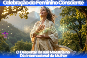 Mulher vivenciando a Celebração do Feminino Consciente no Dia Internacional da Mulher, unindo neurociência e frequência vibracional na Academia Descobrindo Poderes.